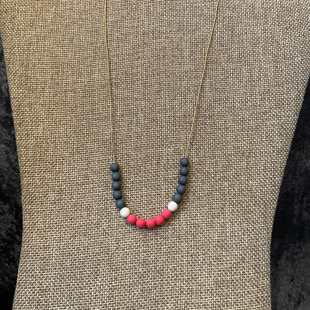 Vintage Red, White and Blue Beaded Necklace on Gold Stretch Elastic Cord